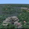Tranquil Garden Landscape with Lotus Leaves Pink Flowers Stone Path and Water