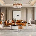 Elegant Modern Living Room Interior With Orange Sofa Crystal Chandelier And Marble Coffee Table