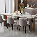 Modern Dining Table Set With Marble Top Six Light Gray Metal Leg Chairs