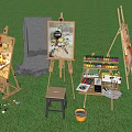 Artistic Outdoor Setup With Easels Paintings Brushes Colorful Paint Tubes Musical Instruments On Green Grass