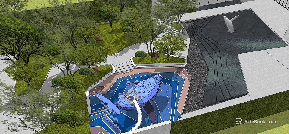Colorful Children's Playground With Blue Slide Green Grass And Surrounding Trees 3d model 
