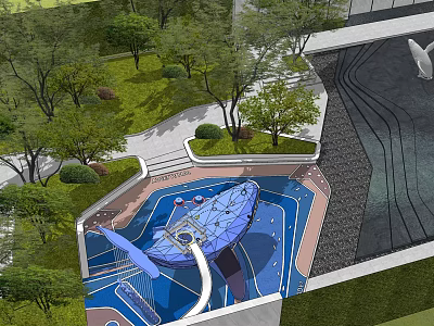 Colorful Children's Playground With Blue Slide Green Grass And Surrounding Trees 3d model