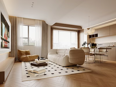 Elegant Open Living Dining Area With Beige Sofa Wooden Flooring Geometric Rug And Pendant Lights 3d model