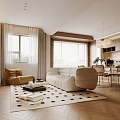 Elegant Open Living Dining Area With Beige Sofa Wooden Flooring Geometric Rug And Pendant Lights
