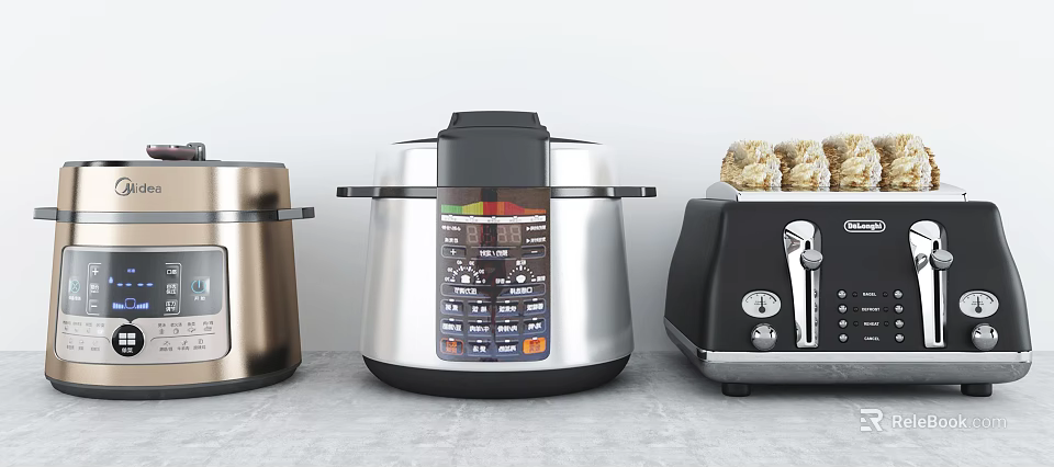 Modern Stainless Steel Kitchen Appliances Including Digital Pressure Cooker and Toaster with Toasted Bread 3d model 