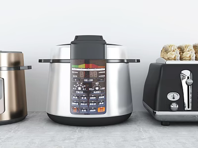 Modern Stainless Steel Kitchen Appliances Including Digital Pressure Cooker and Toaster with Toasted Bread 3d model