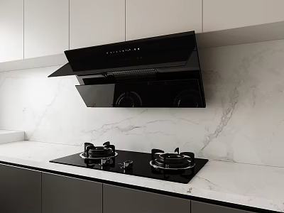 Modern Kitchen With Black Range Hood Gas Stove White Cabinets Countertop And Marble Wall 3d model