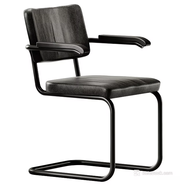 Black Dining Chair with Armrests Leather Seat and Metal Frame Modern Design 3d model 