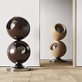 Brown And Wooden Stacked Spherical Sculpture Carving With Hollow Design Metal Base And Light Background