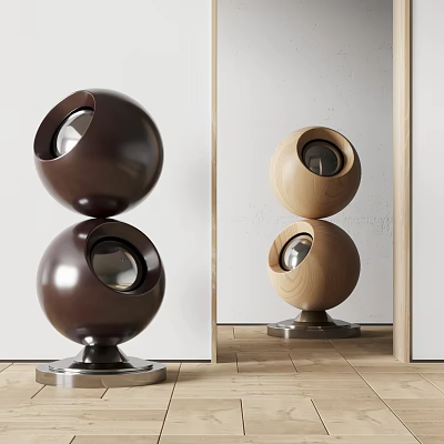 Brown And Wooden Stacked Spherical Sculpture Carving With Hollow Design Metal Base And Light Background 3d model