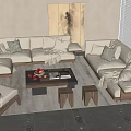 Stylish Beige Sofa And Wooden Coffee Table Set With Pillows Stools And Vase
