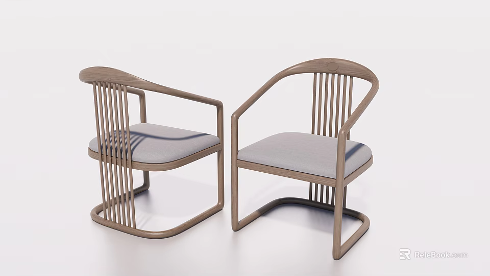 Modern Style Dining Chairs With Wooden Frame Armrests And Gray Padded Seats 3d model 