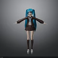3D Model Girl With Long Blue Hair In Brown School Uniform And White Shoes