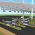 Modern Parking Lot With Large Canopy Structure And Multiple Parking Spaces Near Green Lawns