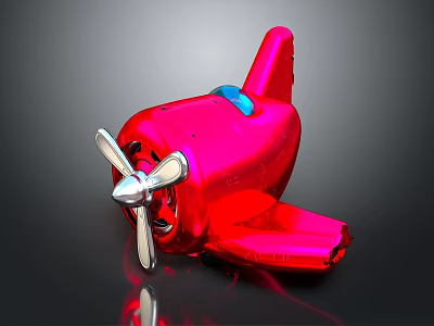Red Toy Airplane With Silver Propeller Blue Details And Glossy Surface Reflection On Black Background 3d model