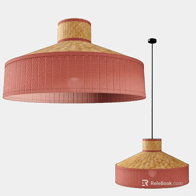 Bamboo Woven Pendant Light With Pink Shade And Beige Top Design 3d model 
