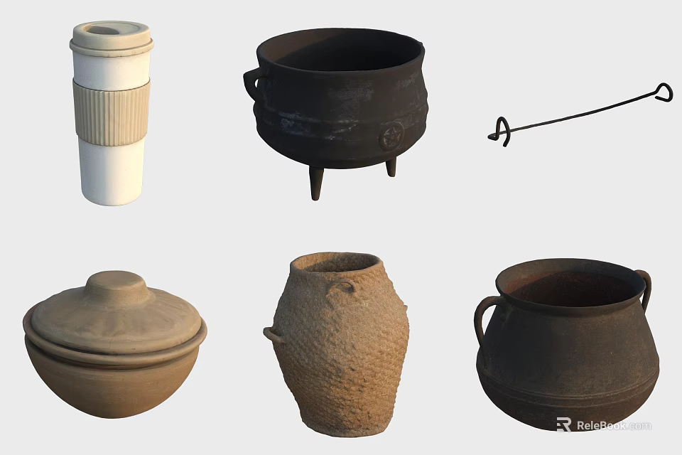 Assorted Ceramic Vessels Featuring Lidded Jars Footed Pots And Textured Containers 3d model