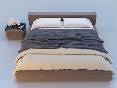 Double Bed with Brown Headboard White Pillows Gray Beige Blankets and Side Nightstand Table Lamp 3d model