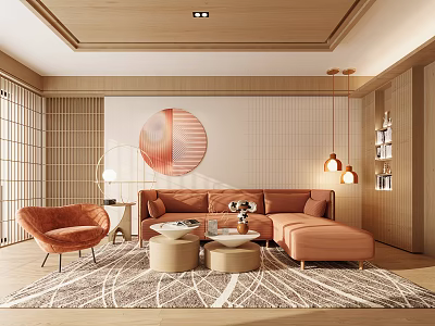 Modern Warm Living Room Interior With Sectional Sofa And Circular Art 3d model