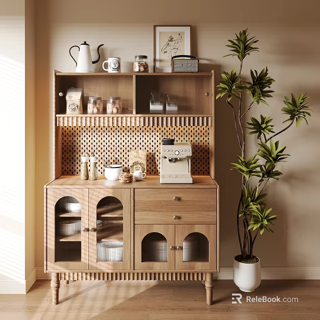 Wooden Sideboard With Coffee Machine Cups And Jars In Cozy Interior With Green Plant 3d model 