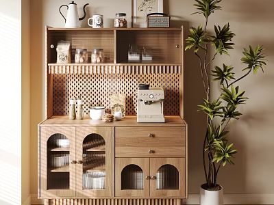 Wooden Sideboard With Coffee Machine Cups And Jars In Cozy Interior With Green Plant 3d model