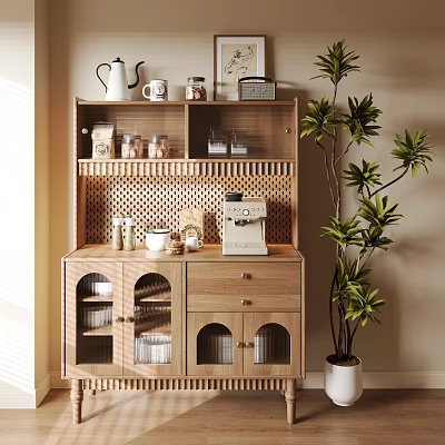 Wooden Sideboard With Coffee Machine Cups And Jars In Cozy Interior With Green Plant 3d model