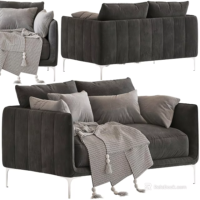 Modern Style Gray Velvet Two-Seater Sofa With Soft Pillows And Throw Blanket 3d model
