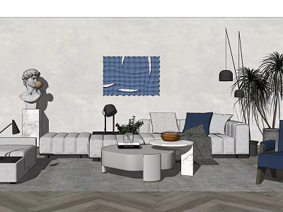 Modern Sofa and Coffee Table Set With Artwork Statue Plants Rug and Floor Lamps 3d model