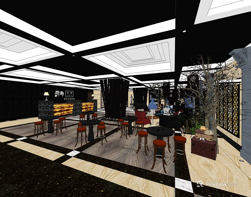 Modern KTV Interior Design With High Stools Round Tables Stage And Green Plants 3d model 