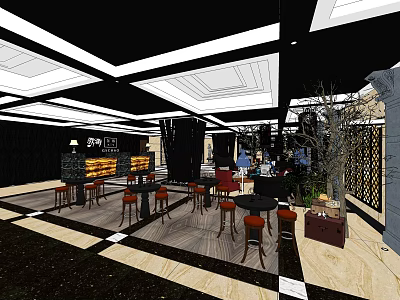 Modern KTV Interior Design With High Stools Round Tables Stage And Green Plants 3d model