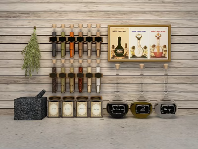Organized Labeled Spice Bottles with Fresh Rosemary on Wooden Kitchen Countertop 3d model