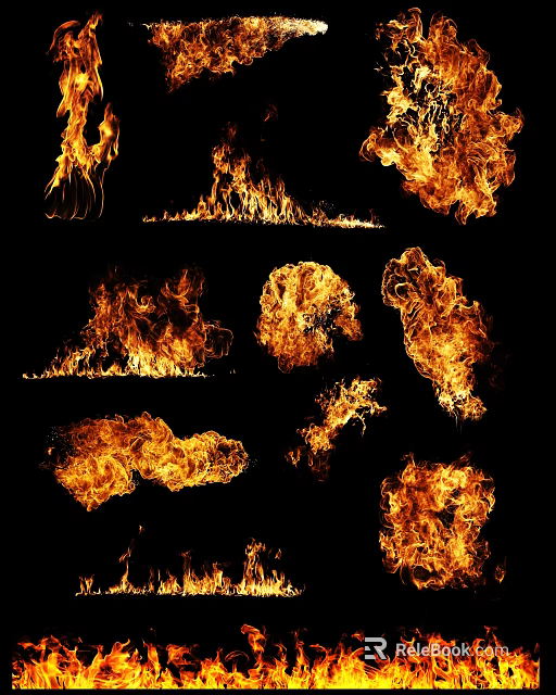 Multiple Orange Yellow Flames In Different Shapes On Black Background 3d model