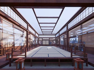 Traditional Cultural Center Interior With Wooden Structure Glass Windows And Long Tatami Area 3d model