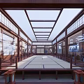 Traditional Cultural Center Interior With Wooden Structure Glass Windows And Long Tatami Area