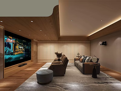Home Theater Interior Design With Large Screen Sofa Ottoman Wooden Walls And Carpet 3d model