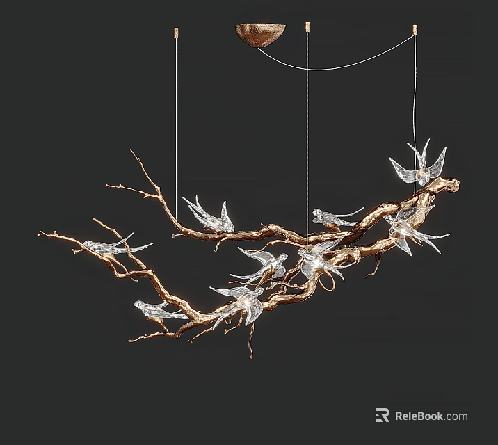 Elegant Branch Shaped Chandelier Adorned With Crystal Birds On Golden Branches 3d model 