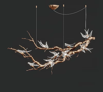 Elegant Branch Shaped Chandelier Adorned With Crystal Birds On Golden Branches 3d model