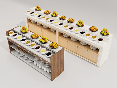 Buffet Counter With Assorted Fruits Sauces And Cups On Wood Stone Design 3d model