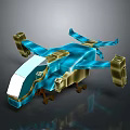 Futuristic Blue And Gold Drone 3D Model With Multiple Rotors And Transparent Canopy