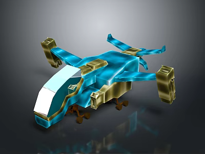 Futuristic Blue And Gold Drone 3D Model With Multiple Rotors And Transparent Canopy 3d model