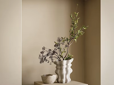 White Vase With Green Branches And Purple Flowers On Table With Beige Wall Background 3d model