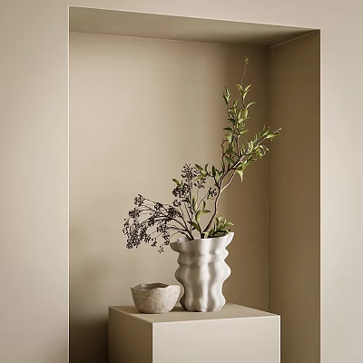 White Vase With Green Branches And Purple Flowers On Table With Beige Wall Background 3d model