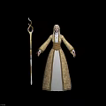 Elegant Elf Sorceress In Gold White Robe Holding Carved Staff And Mythical Creature