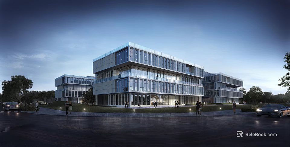 Elegant Modern Multi Storey Office Building Exterior With Glass Curtain Walls And Lawn Area 3d model 