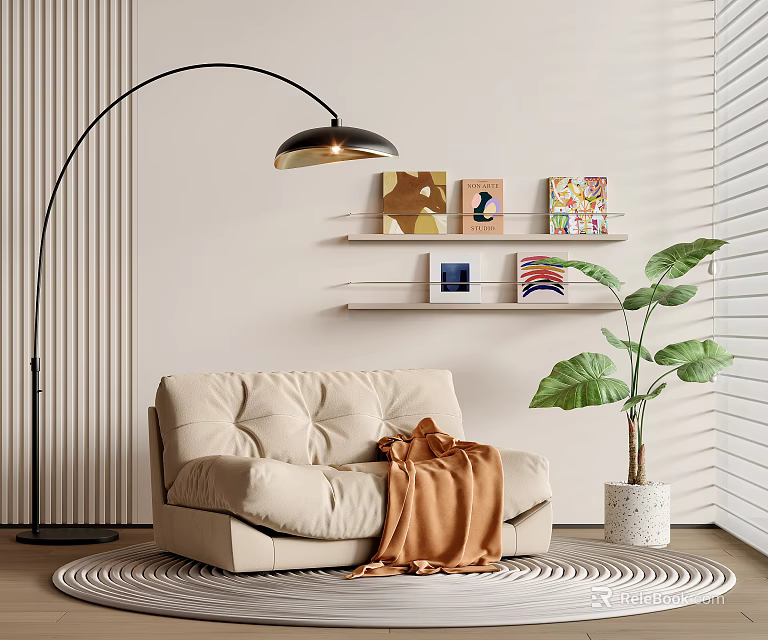 Cozy Lazy Sofa With Orange Blanket Floor Lamp Green Plant And Round Rug 3d model 