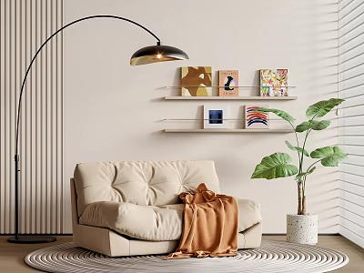 Cozy Lazy Sofa With Orange Blanket Floor Lamp Green Plant And Round Rug 3d model