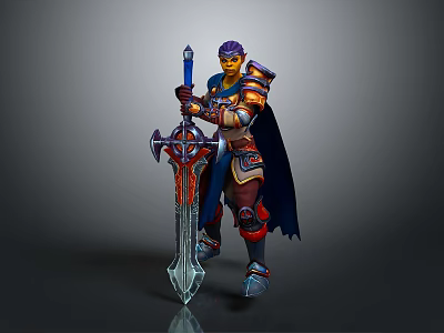 Game And Movie Character Purple Haired Warrior With Ornate Armor Decorated Sword And Blue Cape 3d model