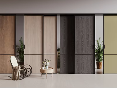 Sliding Doors With Dark And Light Wooden Panels And Indoor Plants In Modern Living Space 3d model