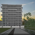 Modern Multi Storey Residential Building With Balconies Greenery Lawn And Water Pool