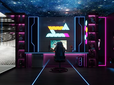 Futuristic Esports Room Featuring Starry Ceiling Neon Lighting Gaming Chair And Display Shelves 3d model
